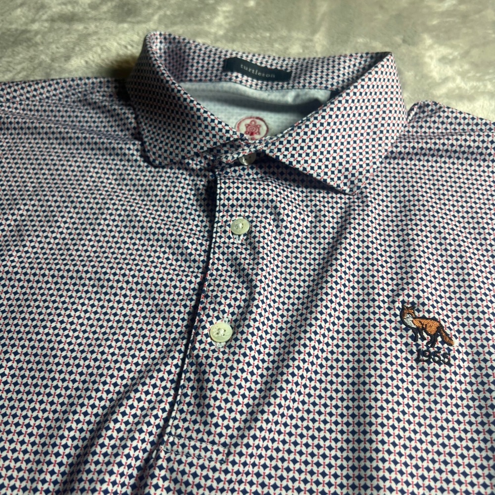 Turtleson Men's L Polo Shirt Navy Red Geometric Fox 1955 Performance Stretch